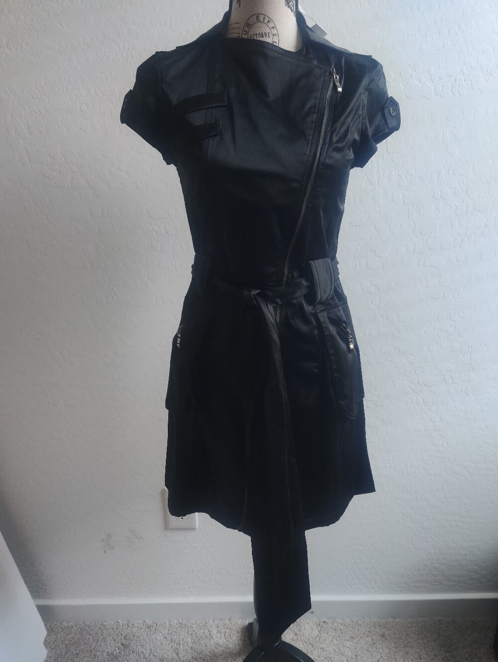🆕 Max Rave Black Cotton-blend Midi Dress w Asymmetric Zip & Pockets Edgy_Small